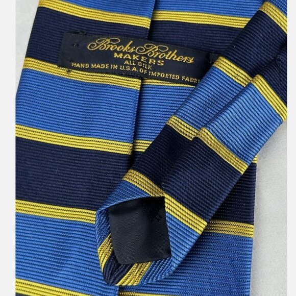 Brooks Brothers Blue Yellow Striped Textured Silk Neck Tie Made In USA - Picture 5 of 5